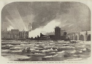 O Grande Incêndio em Bankside, na noite de sexta-feira, 16 de fevereiro de 1855, esboçado a partir da margem norte do Tâmisa